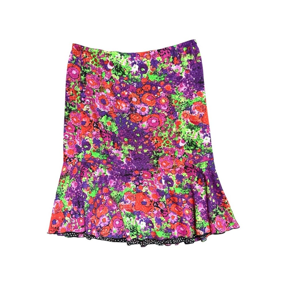 Vintage Reversible Floral & Polka Dot Skirt XL Colorful Crepe Chiffon Stretch